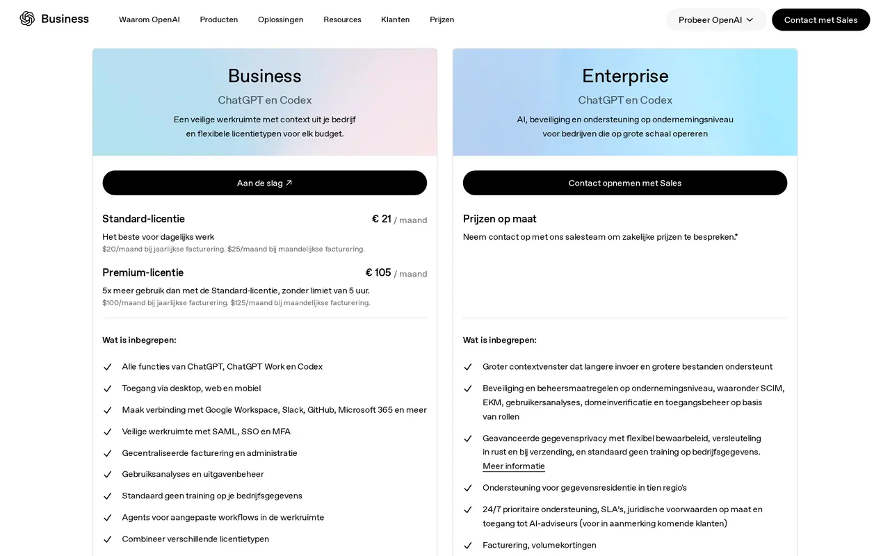 De prijspagina van OpenAI voor bedrijven: Business met de Standard-licentie op 21 euro per maand naast Enterprise op maat, op 22 oktober 2026