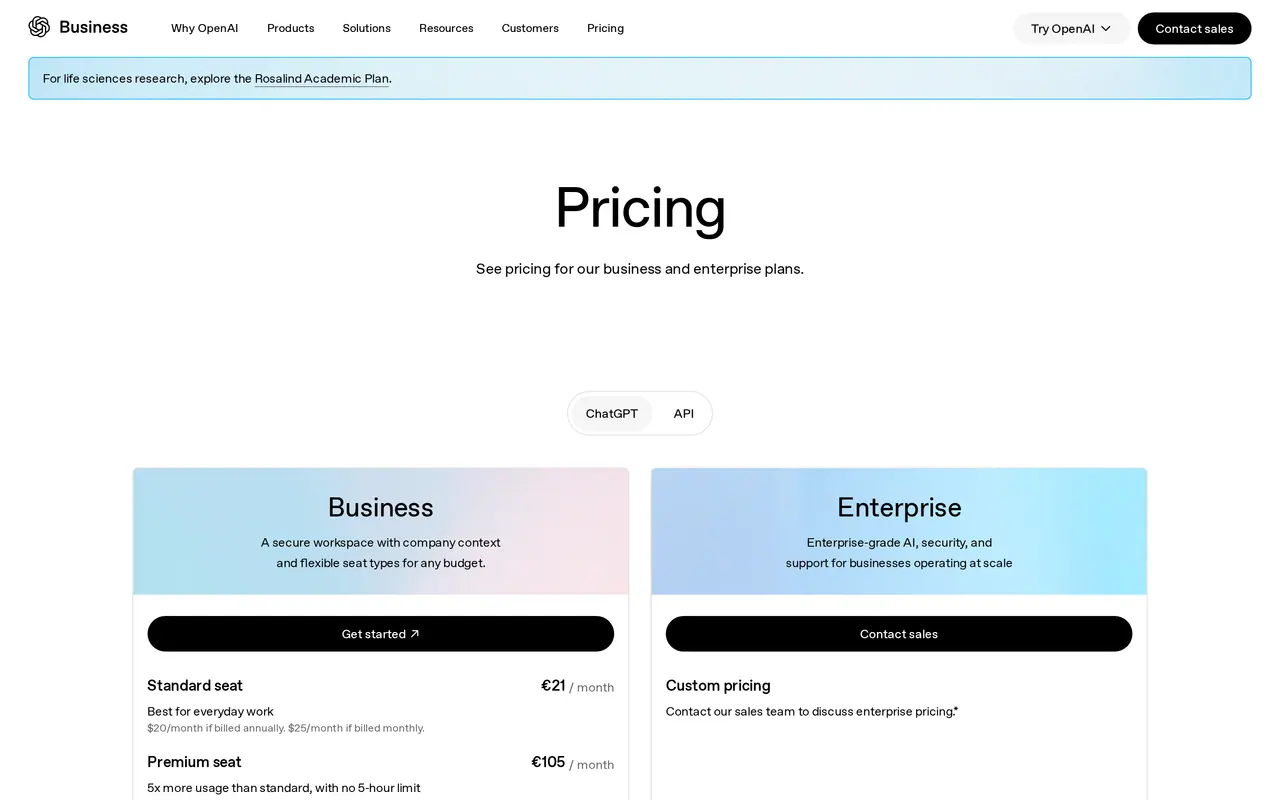 OpenAI's business pricing page: the Business plan with a standard seat at 21 euros a month, 20 dollars billed annually, next to Enterprise on request