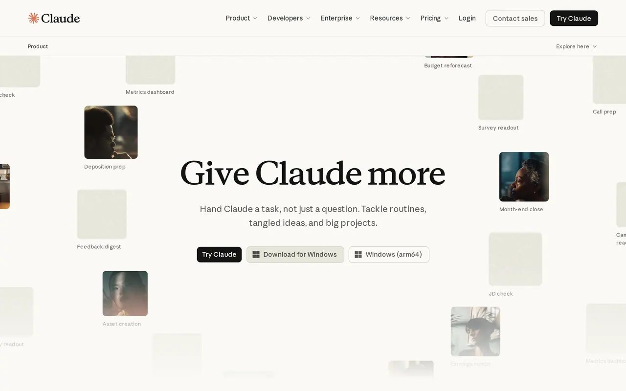 The Claude product page on claude.com, "Give Claude more", on 22 October 2026