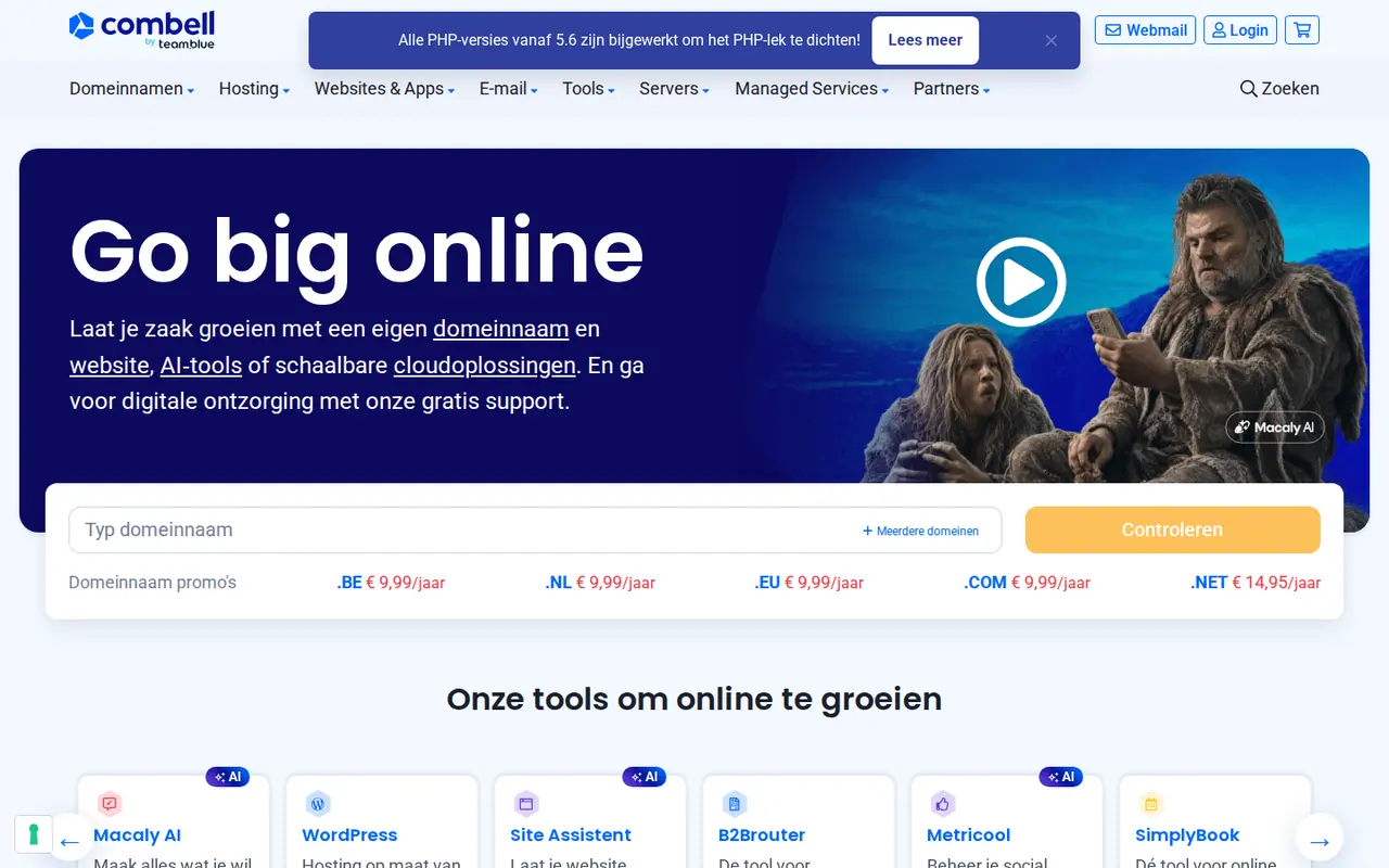 Combell alternatief: de homepage van Combell op 22 oktober 2026, met domeinnamen, hosting en de vermelding by team.blue