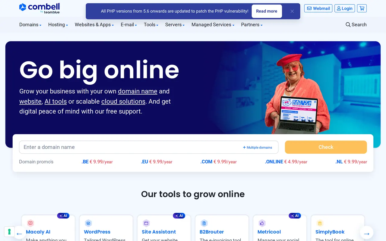 Combell alternatives: the English home page of Combell, "Go big online", with domain prices per extension
