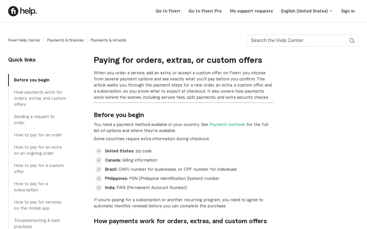 Fiverr alternatives in Europe: Fiverr's help centre on paying for orders, with the service fee per payment