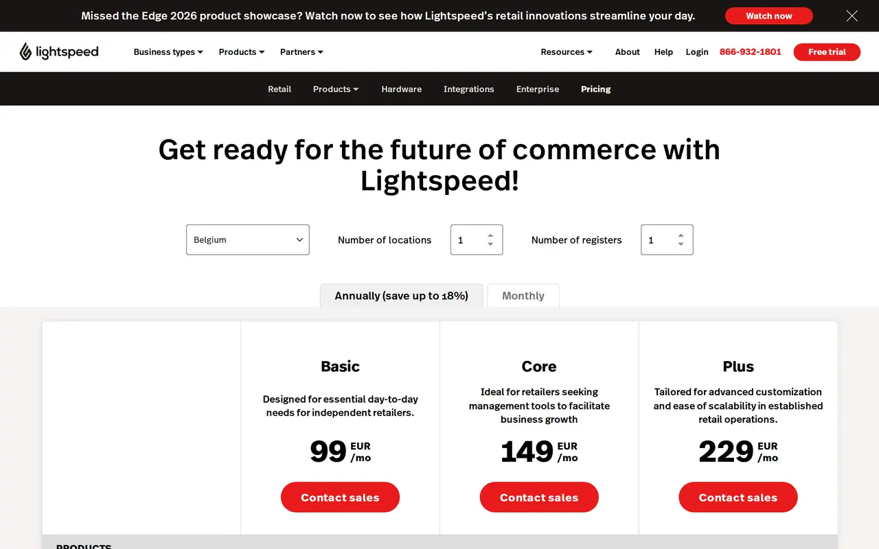 Shopify or Lightspeed: the Lightspeed retail pricing page with Basic, Core and Plus per month for one location in Belgium