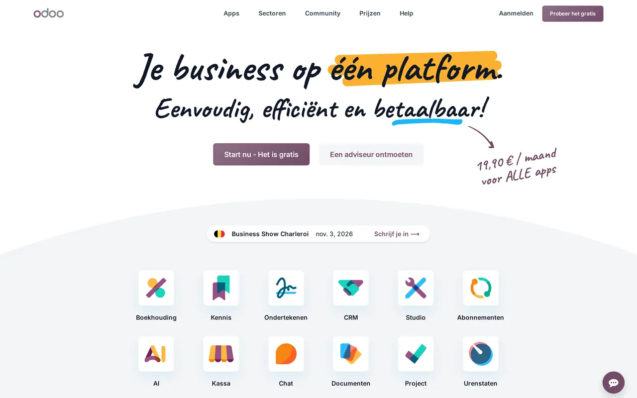 Is Odoo gratis: de Nederlandstalige site van Odoo, het pakket met apps voor facturatie, CRM, voorraad en meer
