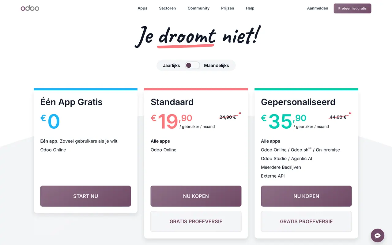 Odoo kosten per gebruiker: de prijspagina van Odoo in euro, met Een App Gratis, Standaard en Gepersonaliseerd