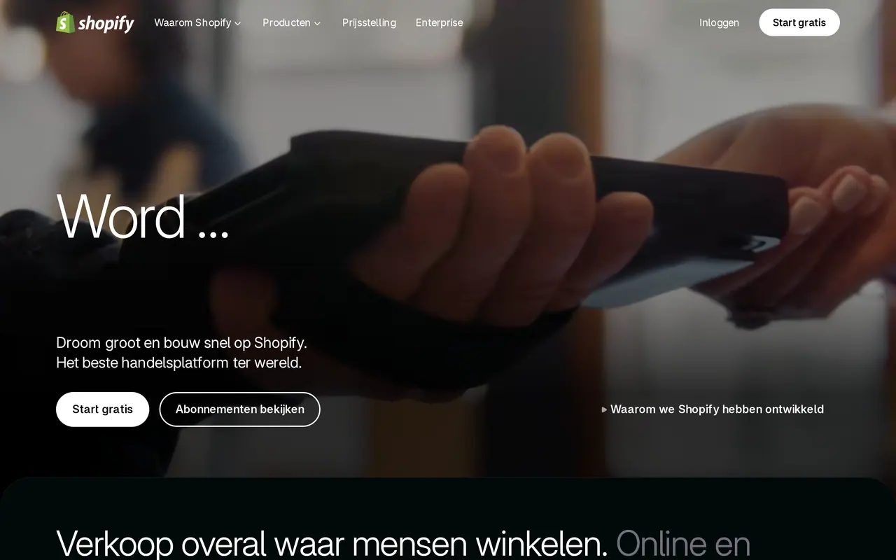 De Belgische homepage van Shopify, op 22 oktober 2026