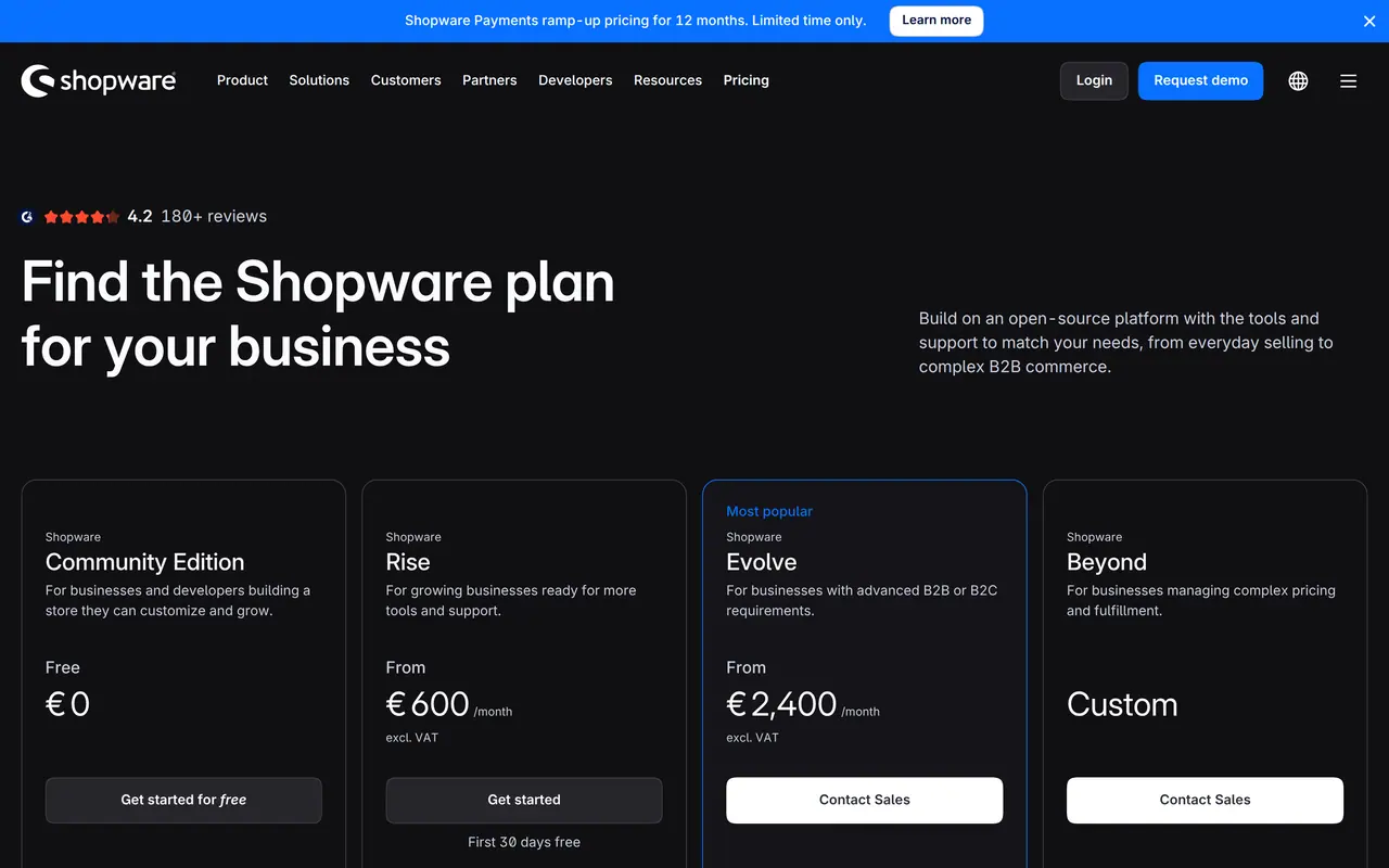 Shopify alternatives made in Europe: Shopware's pricing page, the free Community Edition next to Rise from 600 and Evolve from 2,400 euros a month
