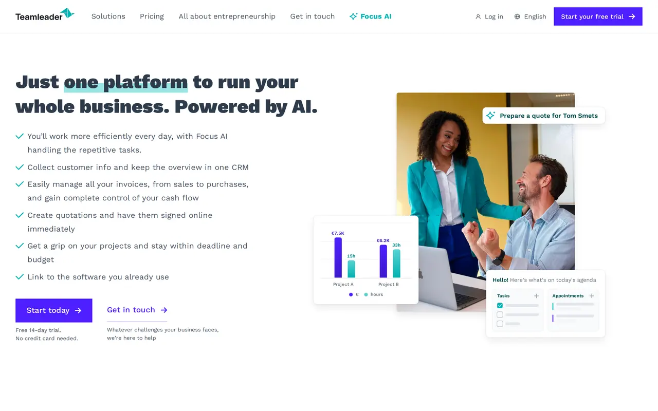 The homepage of Teamleader, from Ghent: quotes, invoices and projects on one platform