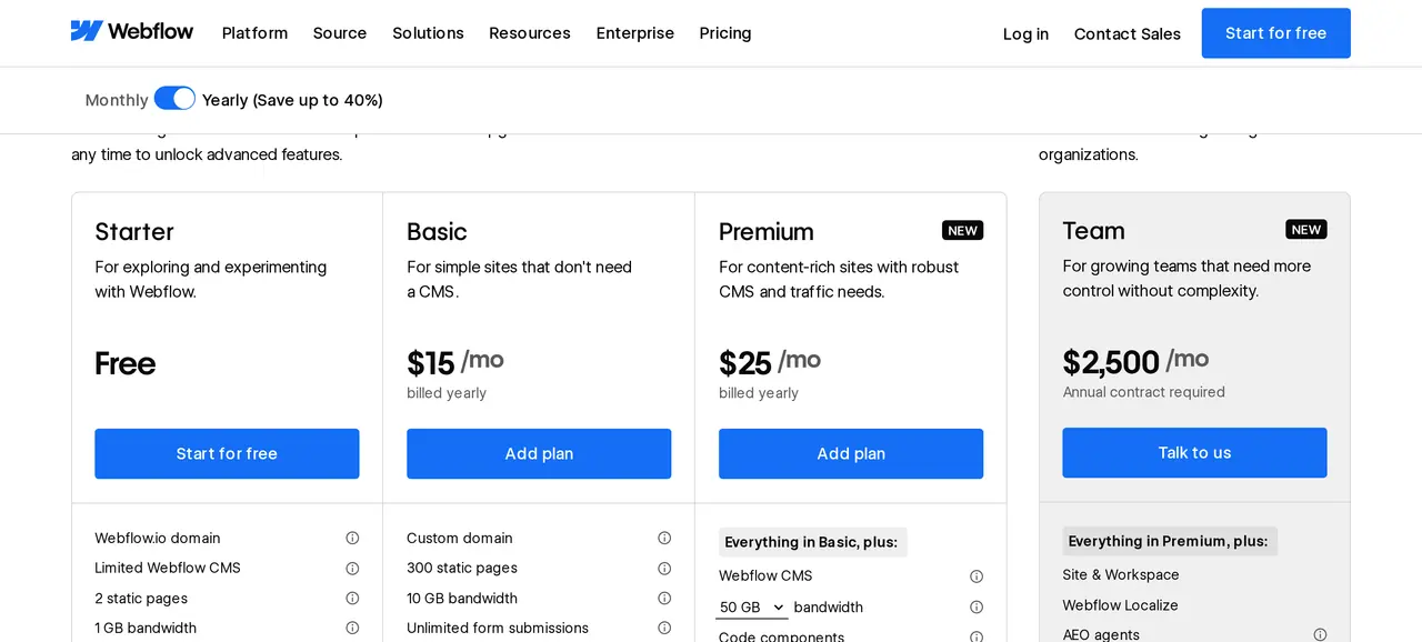 Webflow or WordPress: the Webflow pricing page with Starter, Basic at 15 and Premium at 25 dollars a month billed yearly