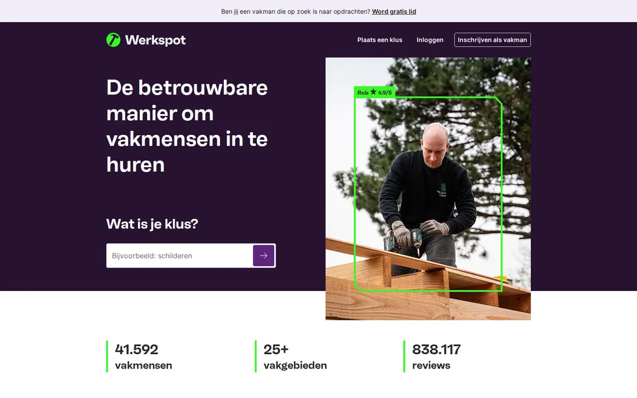 Werkspot alternatief: de homepage van Werkspot op 22 oktober 2026, met 41.592 vakmensen en 838.117 reviews in Nederland