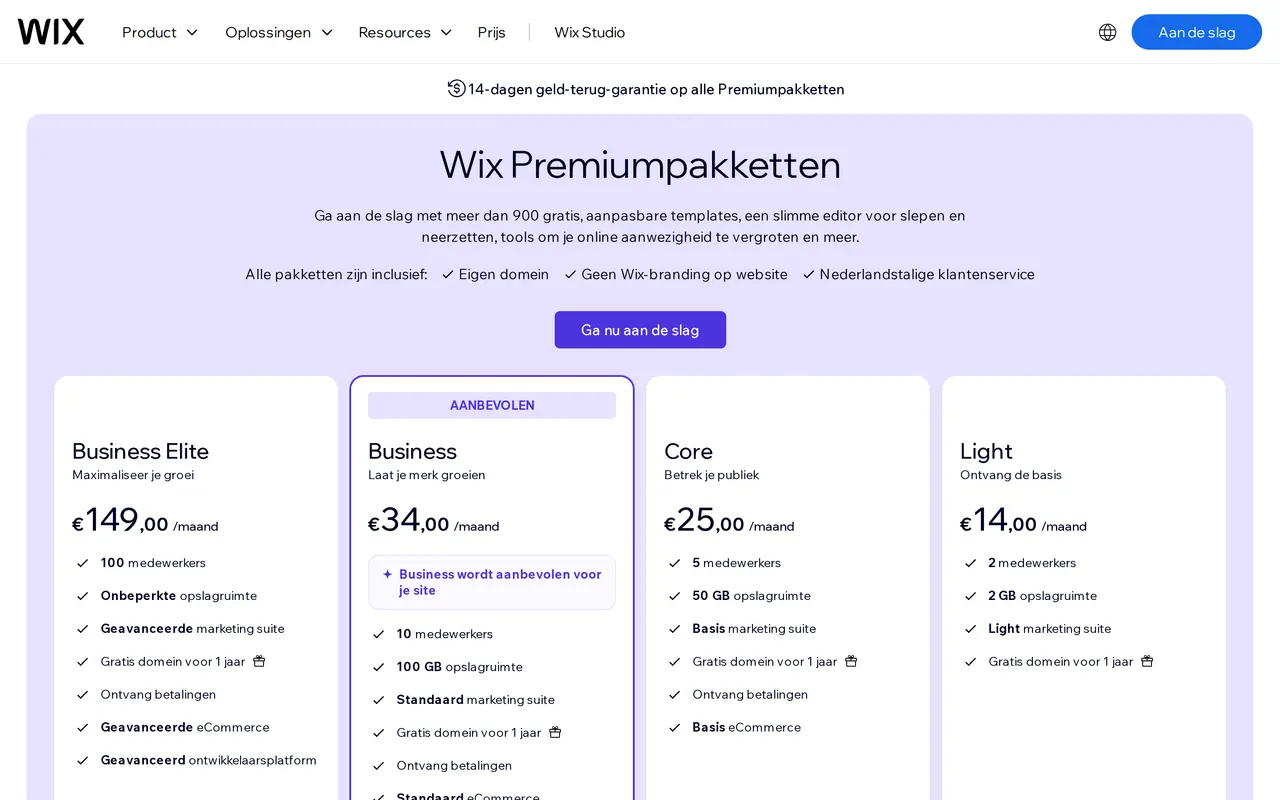 Is Wix gratis: de prijspagina van Wix met de pakketten Light, Core, Business en Business Elite