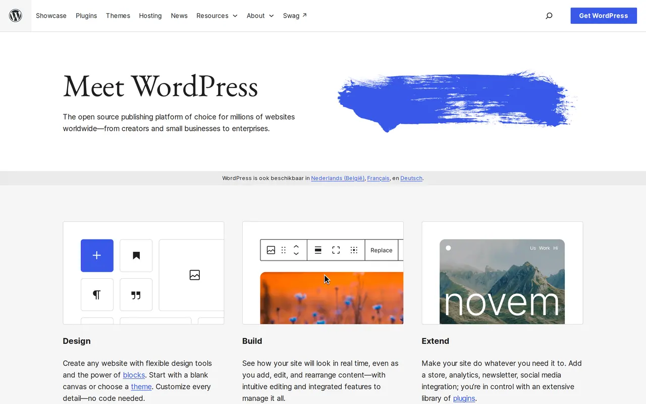 The WordPress.org homepage, "Meet WordPress", on 22 October 2026