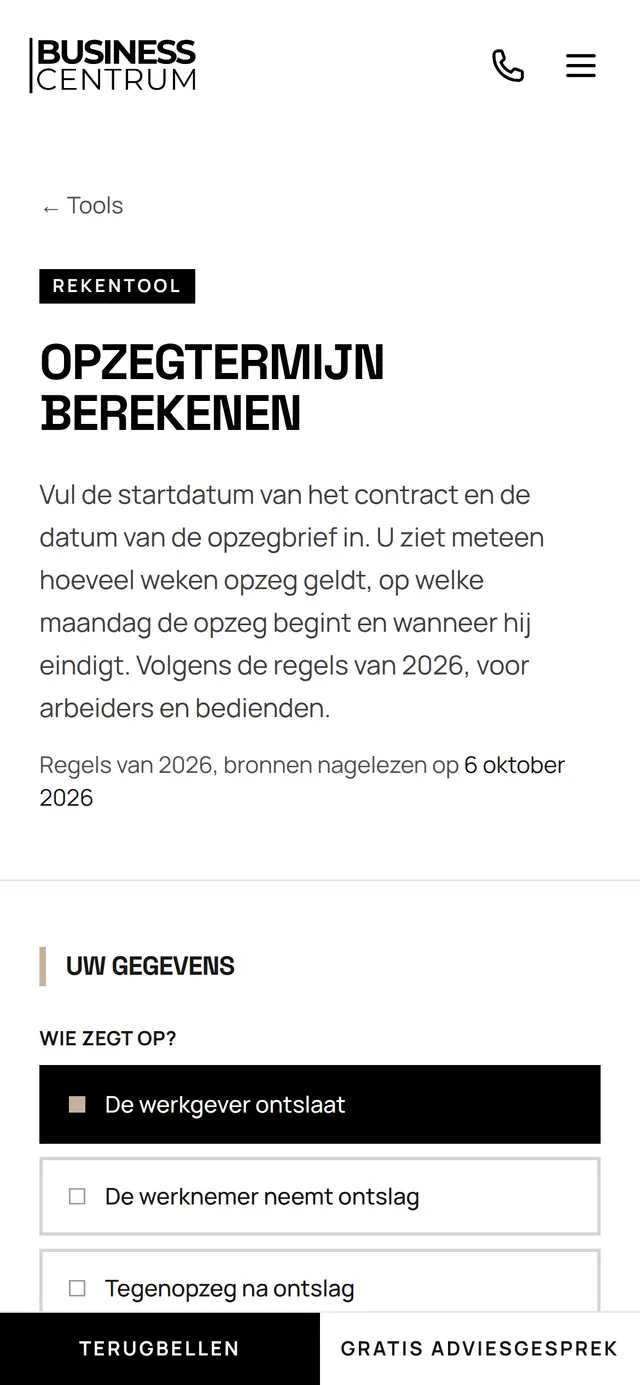 De rekentool voor de opzegtermijn op business-centrum.be, op een gsm