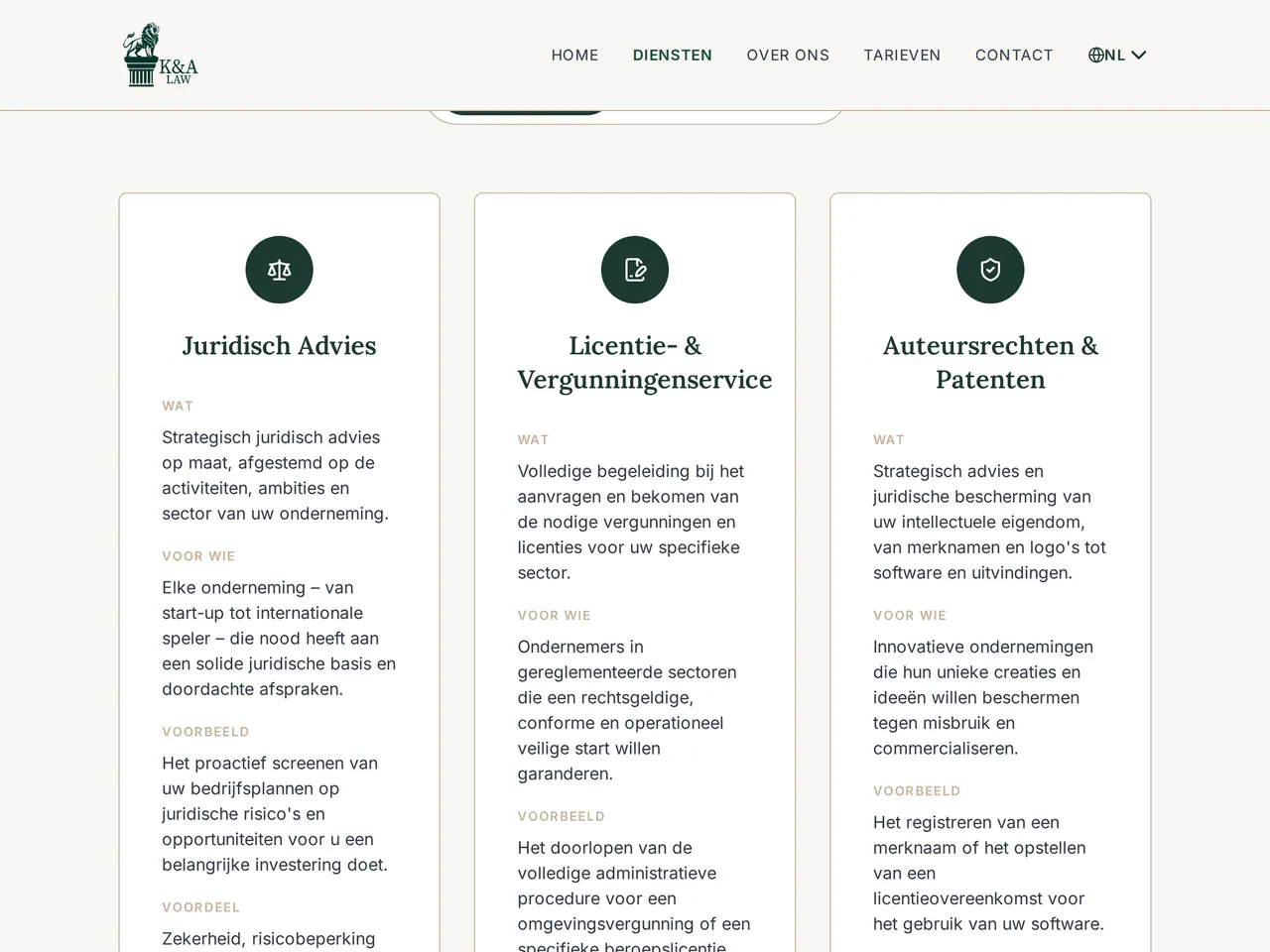 De dienstenpagina van kalaw.eu: per rechtsdomein wat het is, voor wie en een voorbeeld, gebouwd door VBS voor K&A Law
