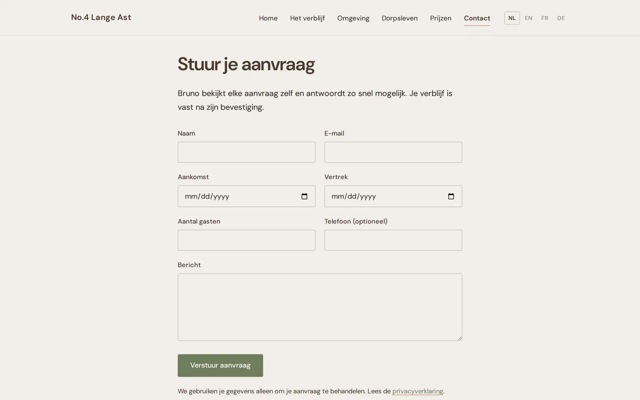 Het aanvraagformulier op no4langeast.be, de site van een vakantiehuis in Kruisem