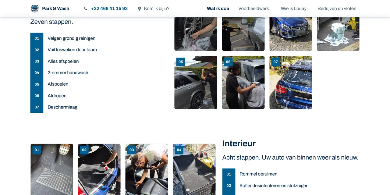 De site van Park & Wash op een laptop, met de diensten en de route voor bedrijven met een wagenpark