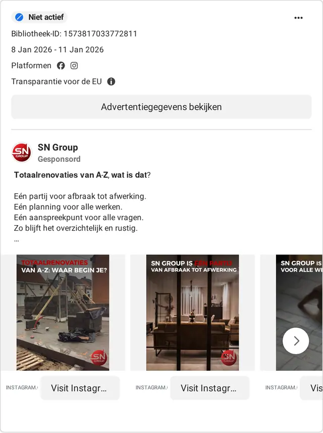 Een advertentie van SN Group over totaalrenovaties in de Meta-advertentiebibliotheek