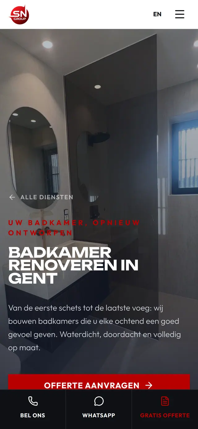 De dienstpagina over badkamers op sngroupbv.be, op een gsm