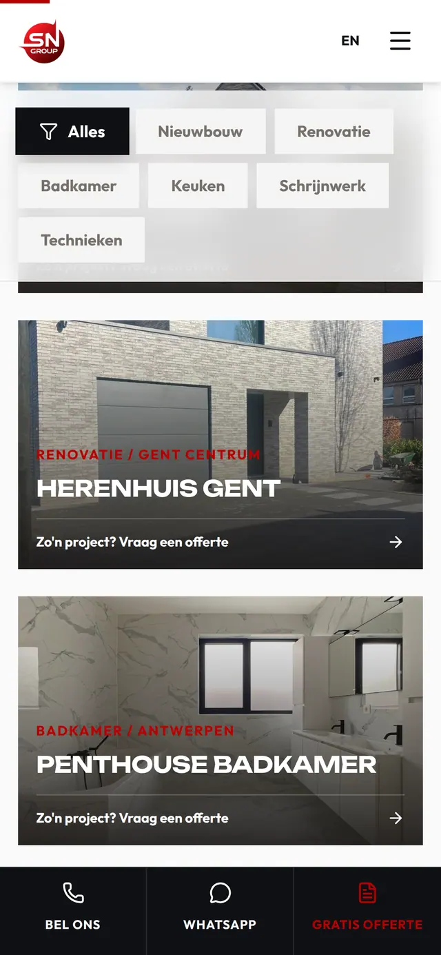 De realisaties van SN Group op sngroupbv.be, op een gsm