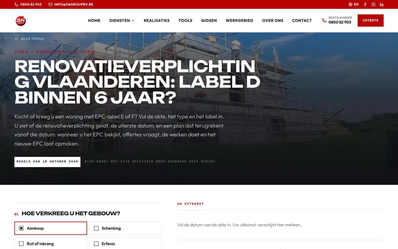 De renovatieplicht-check op sngroupbv.be, een van de vier checks die we voor SN Group bouwden