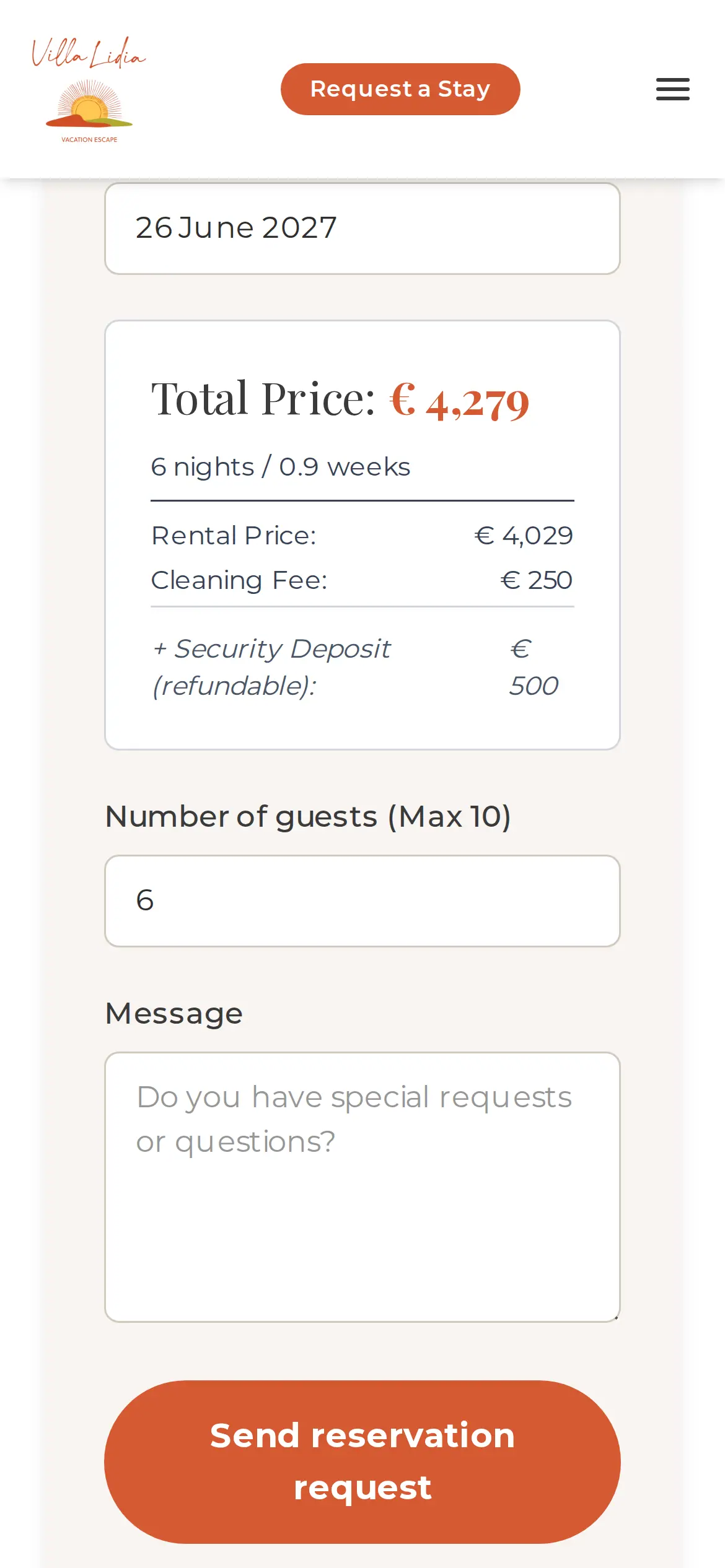Conversion rate optimization in practice: a villa booking form on a phone that shows the total price before the guest sends the request